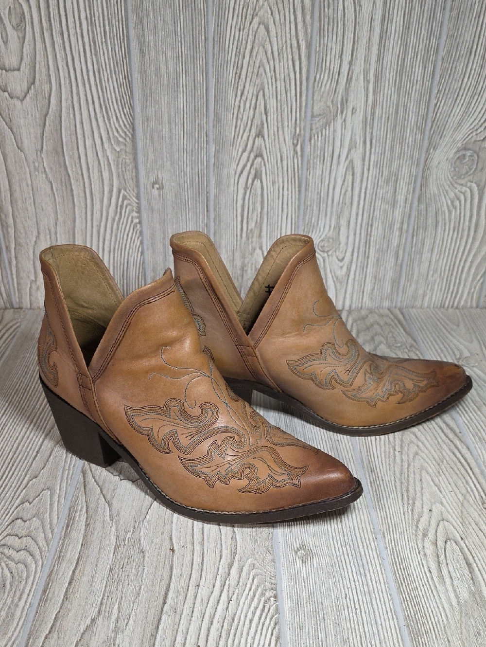 Circle G Tan Western Ankle Booties with Embroidered Design